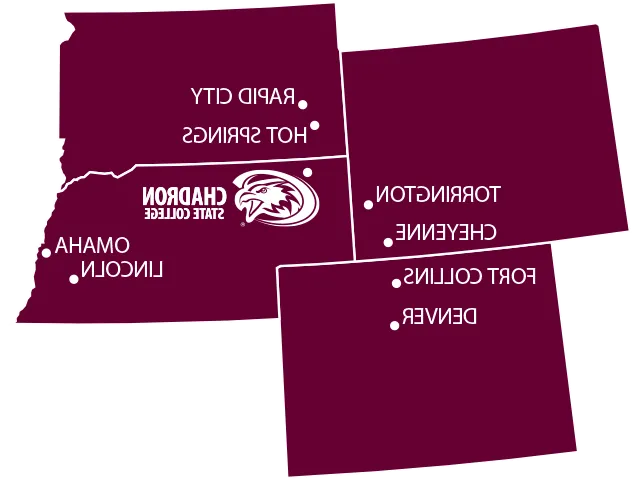 Nebraska, South Dakota, 怀俄明州ming, and 科罗拉多州rado state outlines with Chadron marked